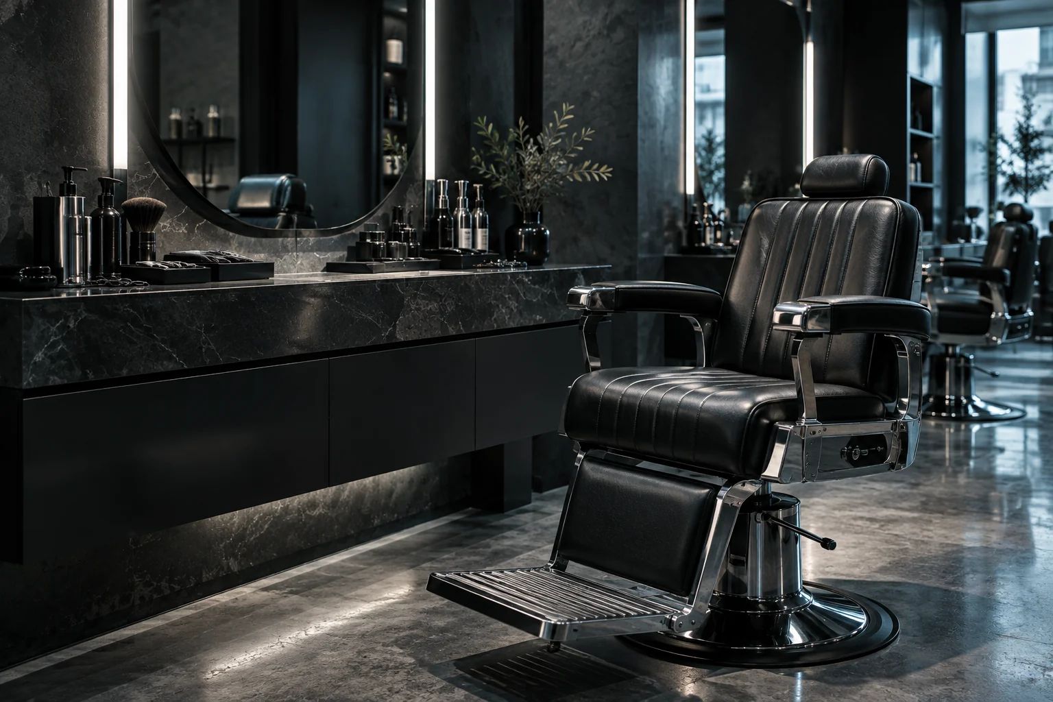Barbearia ilustrativa com cadeira de couro preto, espelho arredondado e iluminação em tons frios