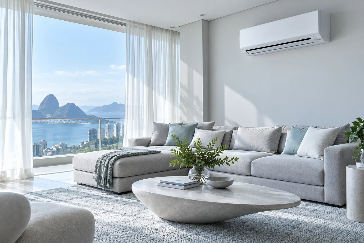 Sala ilustrativa com sofá claro, luz natural e aparelho de ar-condicionado split na parede